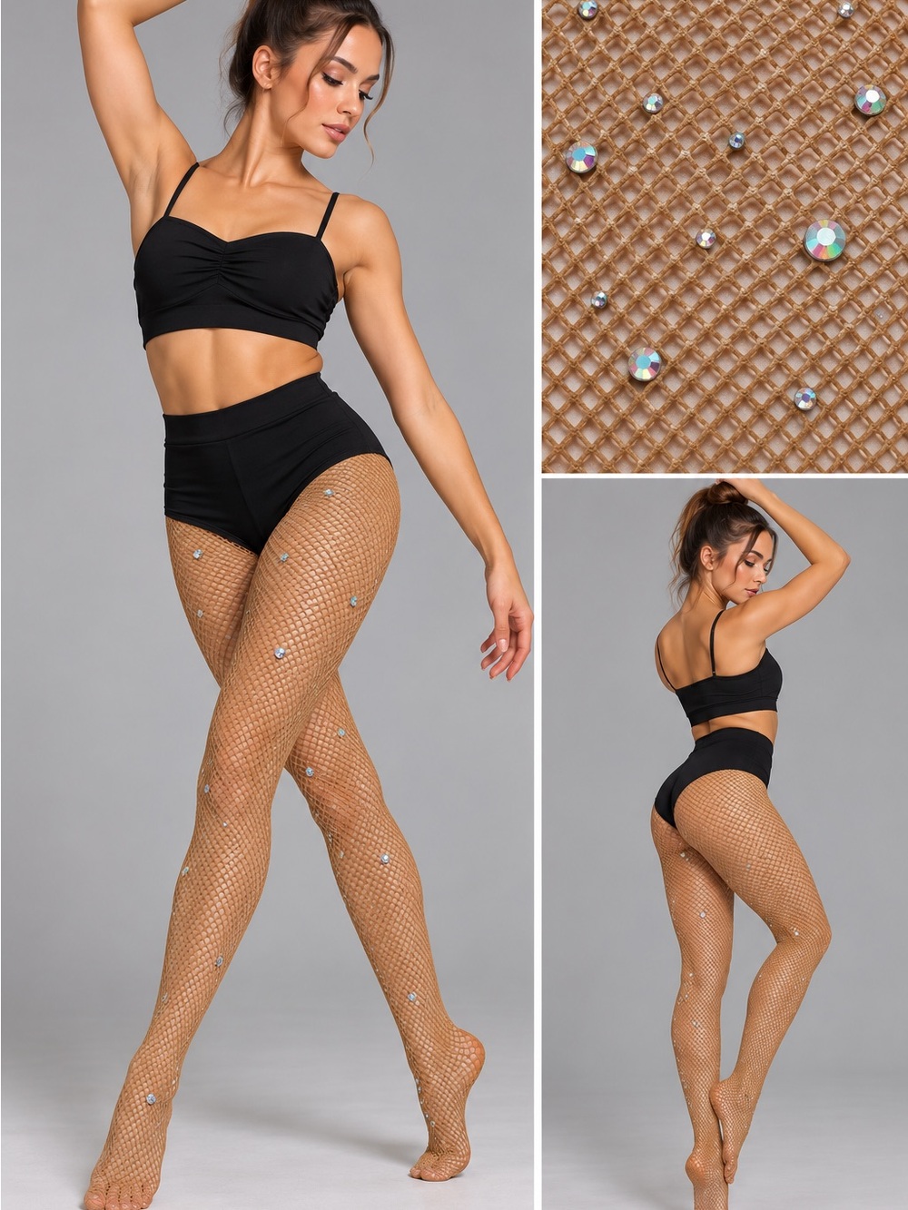Tan Nude Rhinestone Fishnet Tights Dance Costume Pageant Performance NWT